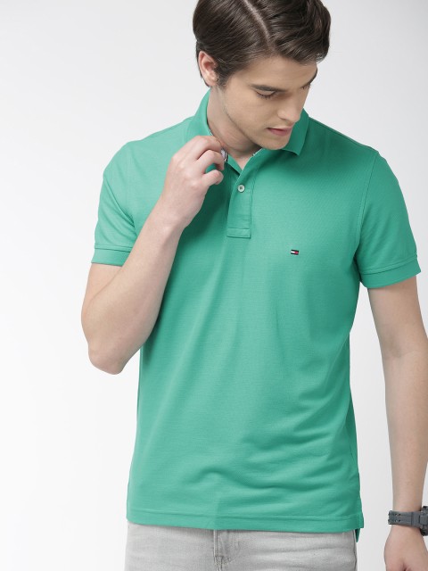 

Tommy Hilfiger Men Teal Green Solid Polo Collar T-shirt