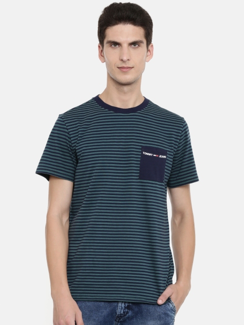 

Tommy Hilfiger Men Green & Navy Blue Striped Round Neck T-shirt