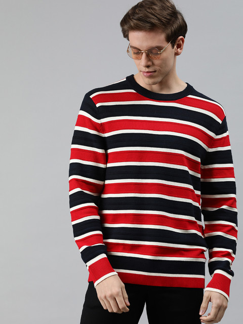 

Tommy Hilfiger Men Red & Navy Blue Striped Pullover Sweater