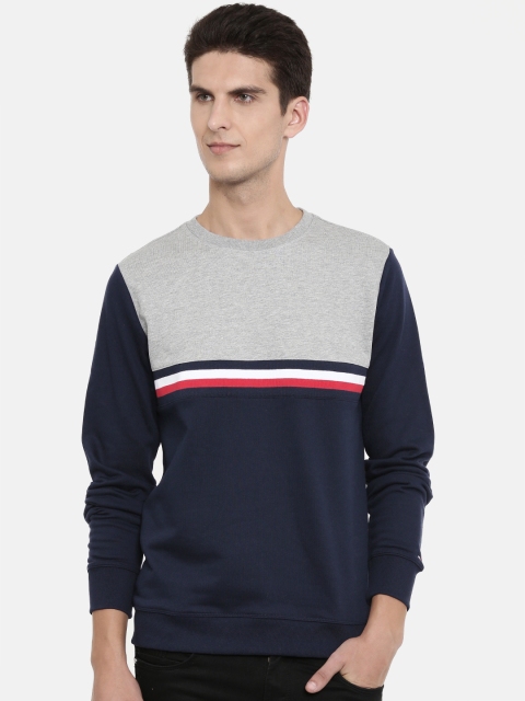 

Tommy Hilfiger Men Navy Blue & Grey Melange Colourblocked Pullover Sweatshirt