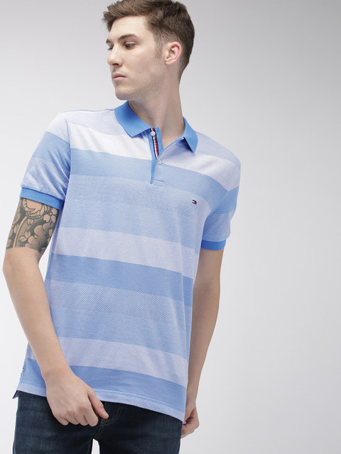 

Tommy Hilfiger Men Blue Striped Polo Collar T-shirt