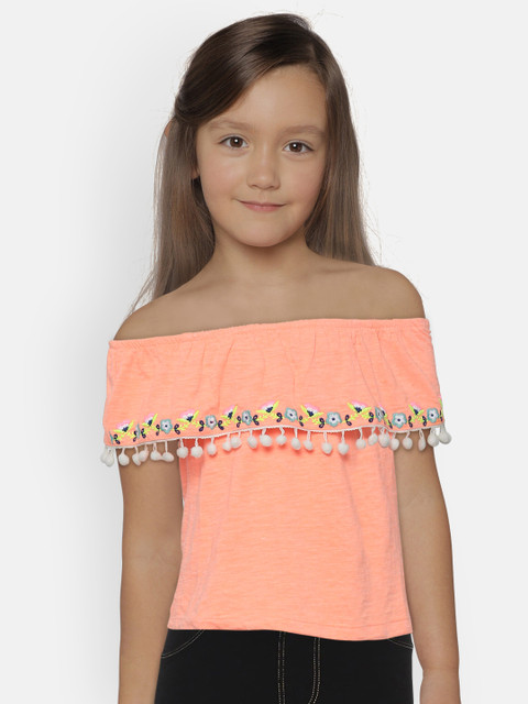 

Nauti Nati Girls Coral Orange Solid Layered Bardot Top