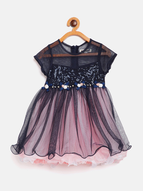 

Nauti Nati Girls Navy & Peach-Coloured Sequinned Fit & Flare Dress, Navy blue