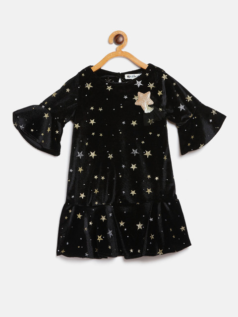 

Nauti Nati Girls Black & Golden Printed Velvet Finish Drop-Waist Dress