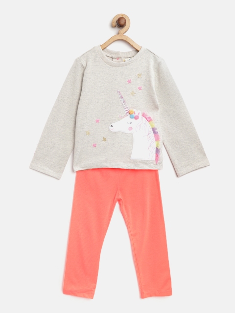 

Nauti Nati Girls Grey Melange & Peach-Coloured Self Design Sweatshirt with Pyjamas