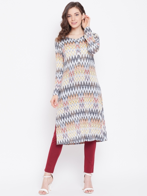 

Monte Carlo Women Off-White & Charcoal Grey Printed Knitted A-Line Tunic