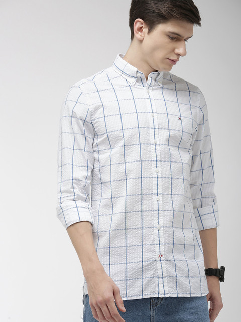 

Tommy Hilfiger Men White & Blue Slim Fit Checked Casual Shirt