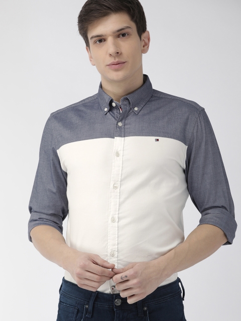 

Tommy Hilfiger Men Navy Blue & White Slim Fit Colourblocked Casual Shirt