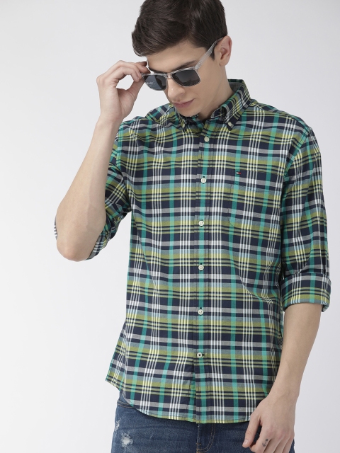 

Tommy Hilfiger Men Navy Blue & Green Regular Fit Checked Casual Shirt