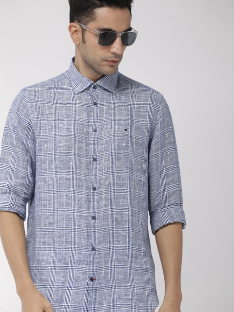 

Tommy Hilfiger Men Blue & White Slim Fit Checked Casual Linen Shirt