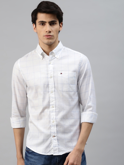 

Tommy Hilfiger Men White & Blue Windowpane Checks Pure Cotton Casual Shirt