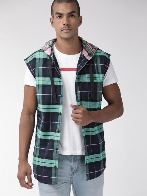 

Tommy Hilfiger Men Navy Blue & Sea Green Regular Fit Checked Hooded Casual Shirt