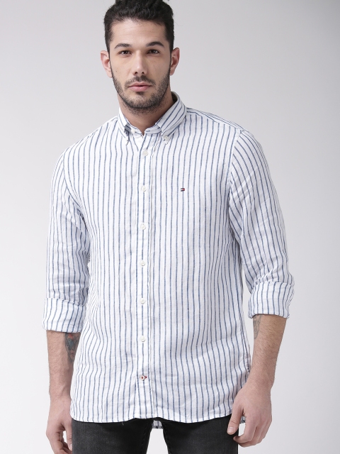 

Tommy Hilfiger Men White & Blue Linen Regular Fit Striped Casual Shirt