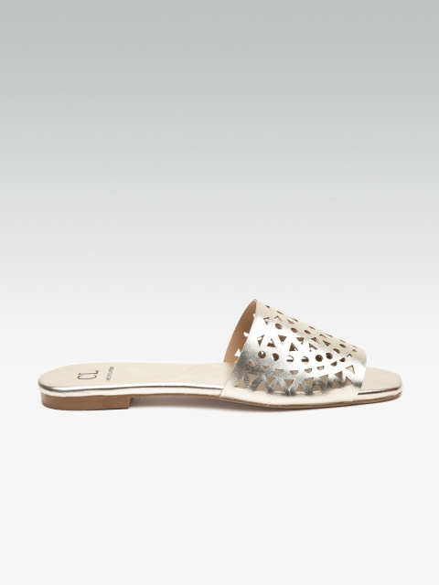 

Carlton London Women Gold-Toned Solid Open Toe Flats with Laser Cuts Detail