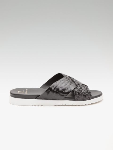 

Carlton London Women Black Snakeskin Textured Shimmer Open Toe Flats
