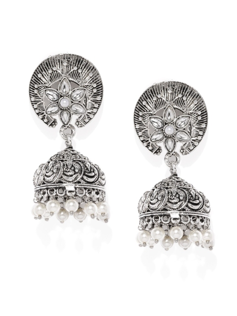 

Sukkhi Oxidized Silver-Toned Rhodium Plated Studded Dome-Shaped Jhumkas