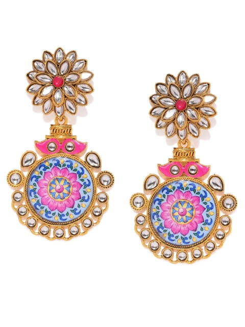 

Sukkhi Pink & Blue Gold-Plated Circular Kundan Studded Drop Earrings