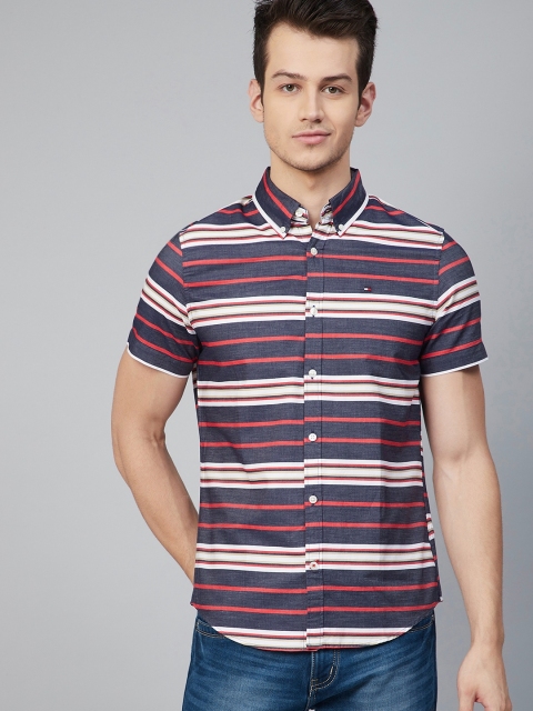 

Tommy Hilfiger Men Navy Blue & Red Slim Fit Striped Organic Cotton Casual Shirt