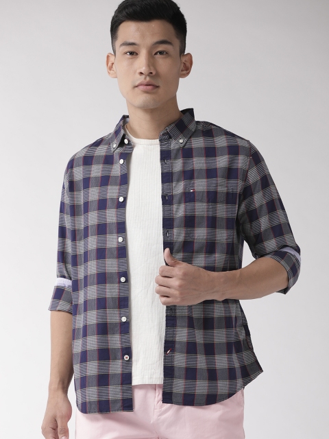 

Tommy Hilfiger Men Navy Blue & Grey Slim Fit Checked Casual Shirt