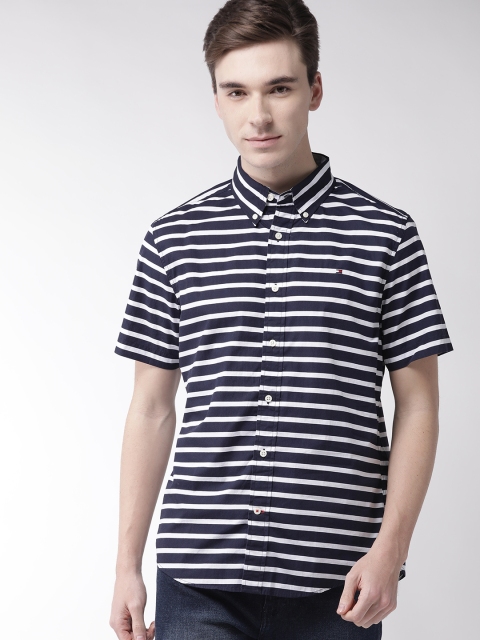 

Tommy Hilfiger Men Navy Blue & White Slim Fit Striped Casual Shirt