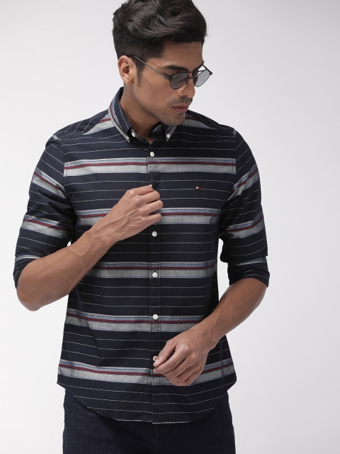 

Tommy Hilfiger Men Navy Blue & Grey Slim Fit Striped Casual Shirt