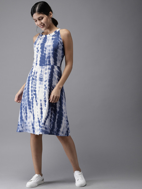 

HERE&NOW Women Dyed Blue & White Fit and Flare Dress