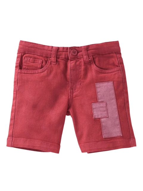 

KiddoPanti Boys Red Solid Regular Fit Denim Shorts With Patch