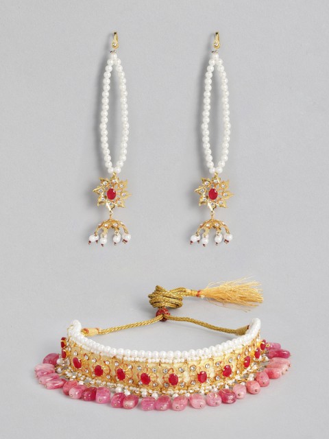 

justpeachy Gold-Toned & Pink Pearl & Stone-Studded Choker Jewellery Set