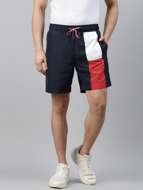 

Tommy Hilfiger Men Navy Blue Colourblocked Mid-Rise Regular Shorts