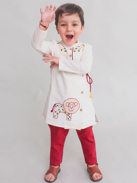 

Tiber Taber Boys White & Maroon Embroidered Kurta with Pyjamas