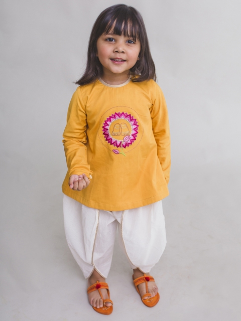 

Tiber Taber Girls Mustard & Cream-Coloured Embroidered Kurta with Dhoti Pants