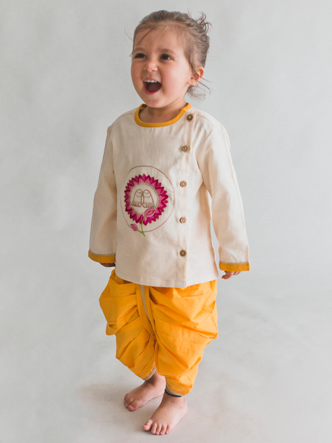 

Tiber Taber Boys Cream-Coloured & Mustard Embroidered Kurta with Dhoti Pants