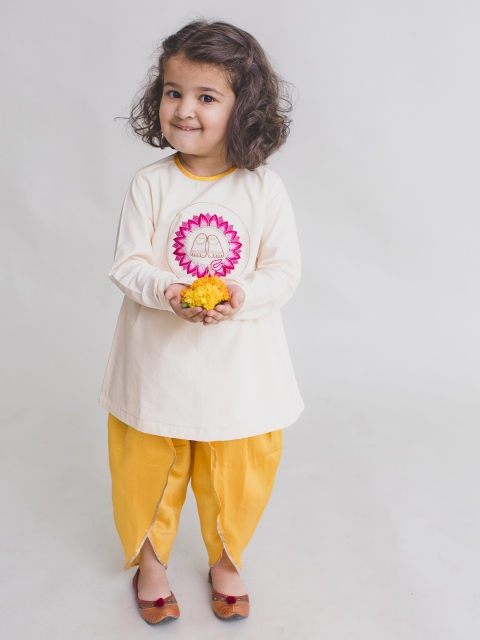 

Tiber Taber Girls Cream-Coloured & Mustard Yellow Embroidered Kurta with Dhoti Pants