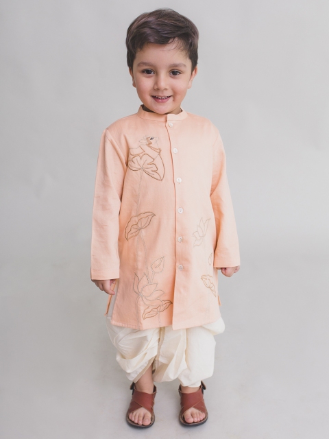 

Tiber Taber Boys Peach-Coloured & Beige Embroidered Kurta with Dhoti Pants