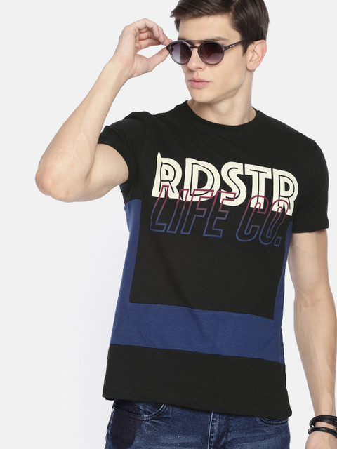 

Roadster Men Black & Blue Printed Round Neck T-shirt