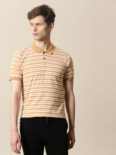 

Mr Bowerbird Men White & Camel Brown Striped Tailored Fit Polo Collar T-shirt