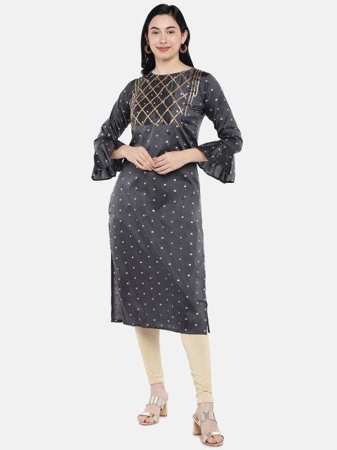 

Tikhi Imli Women Charcoal Yoke Design A-Line Kurta