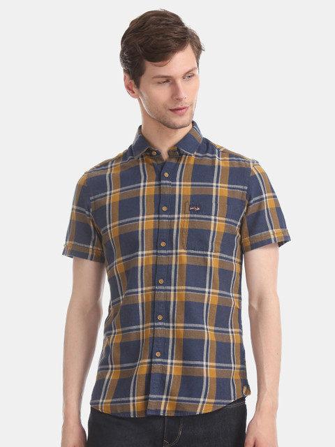 

U.S. Polo Assn. Denim Co. Men Navy Blue & Yellow Slim Fit Checked Casual Shirt