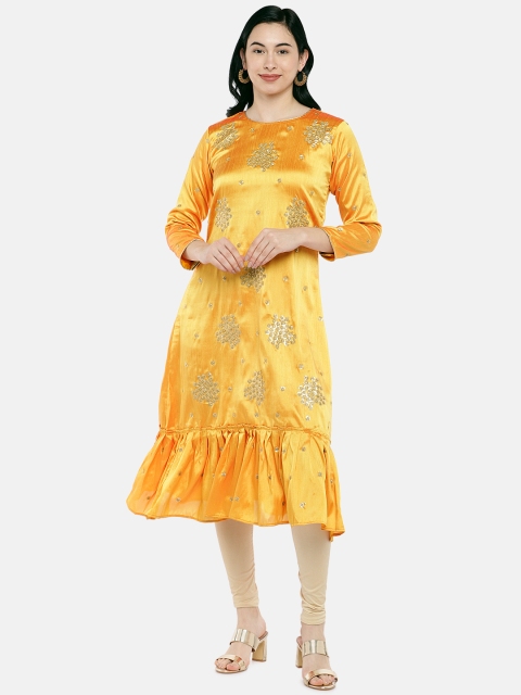 

Tikhi Imli Women Orange & Beige Woven Design Straight Kurta