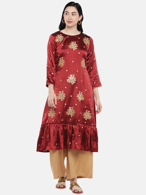 

Tikhi Imli Women Maroon & Gold-Coloured Embellished Straight Kurta