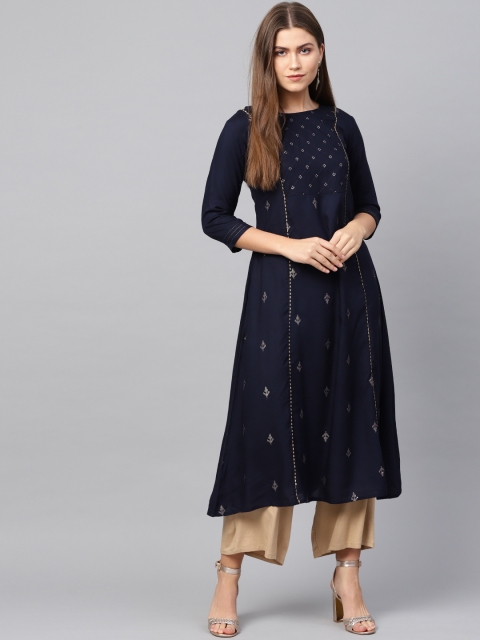 

Yufta Women Navy Blue Embellished A-Line Kurta