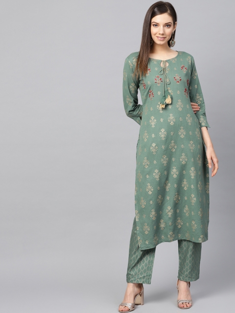 

Yufta Women Green & Golden Printed Kurta with Trousers