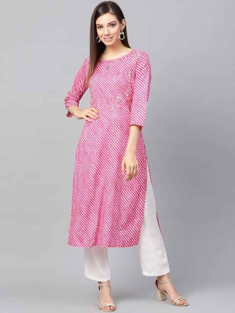

Yufta Women Pink & White Leheriya Straight Kurta with Gotta Patti Detail