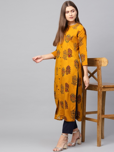 

Yufta Women Mustard Yellow Printed Straight Kurta