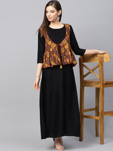

Yufta Women Black Printed A-Line Kurta with Ethnic Jacket