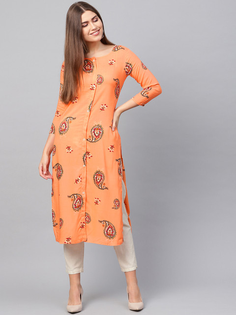 

Yufta Women Peach-Coloured & Red Printed Straight Kurta