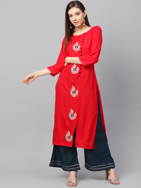 

Yufta Women Red Embroidered & Gotta Patti Detail Kurta with Palazzos