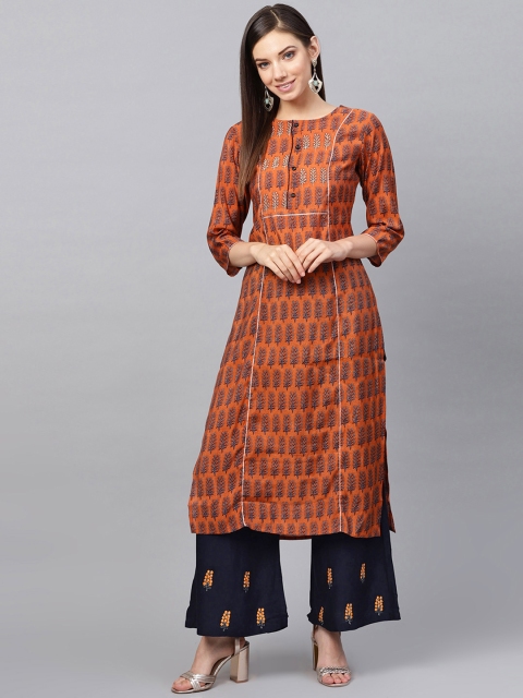 

Yufta Women Rust Orange & Navy Printed Kurta with Palazzos