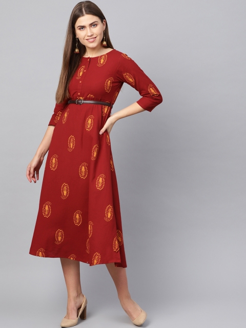 

Yufta Women Red & Mustard Yellow Printed A-Line Dress
