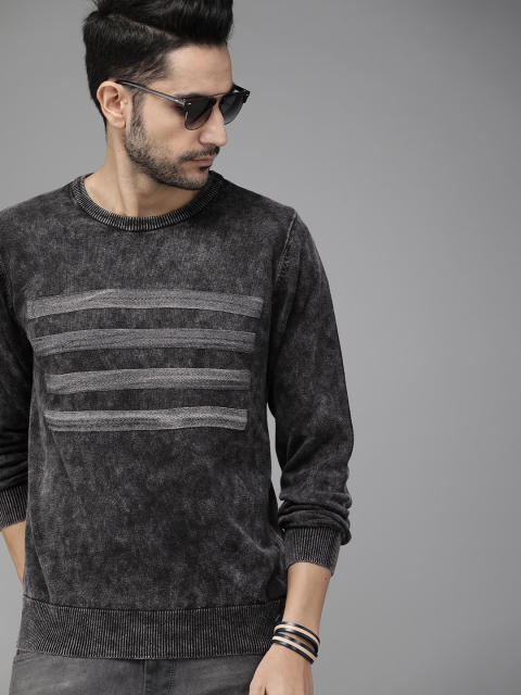 

Roadster Men Charcoal Grey Applique Striped Pullover Sweater